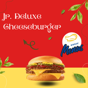 Jr. Deluxe Cheeseburger featuring a 100% pure beef patty topped with melted American cheese, crisp lettuce, fresh tomato, pickles, onions, ketchup, and mayo on a soft, toasted bun.