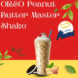 Creamy OREO Peanut Butter Master Shake topped with whipped cream and cookie crumbles.