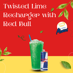 Sonic Twisted Lime Recharger with Red Bull energy drink over ice in a clear cup