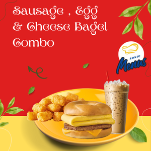 Sonic Sausage Egg Cheese Bagel Combo – Complete Breakfast Meal Sonic Sausage Egg Cheese Bagel combo with medium drink and tater tots